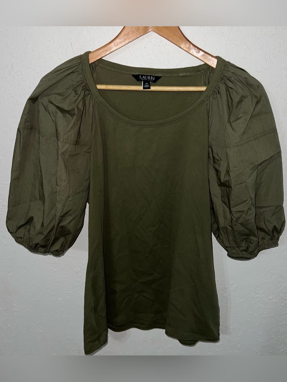 Lauren Ralph Lauren Stretch Cotton Puff-Sleeve Tee Olive Green Size 1X.